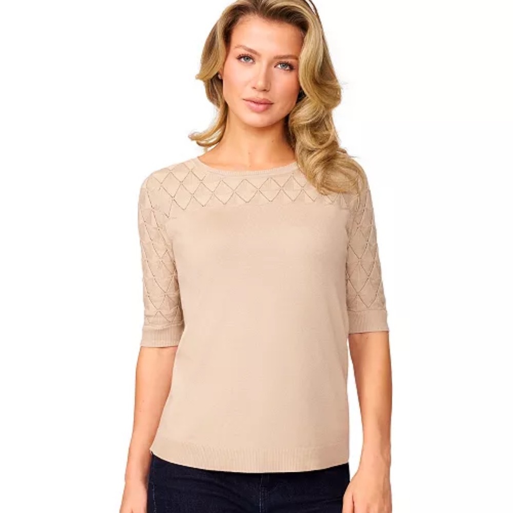 NWT Melissa Paige Petite Yoke Wave Stitch Elbow-Sleeve Sweater